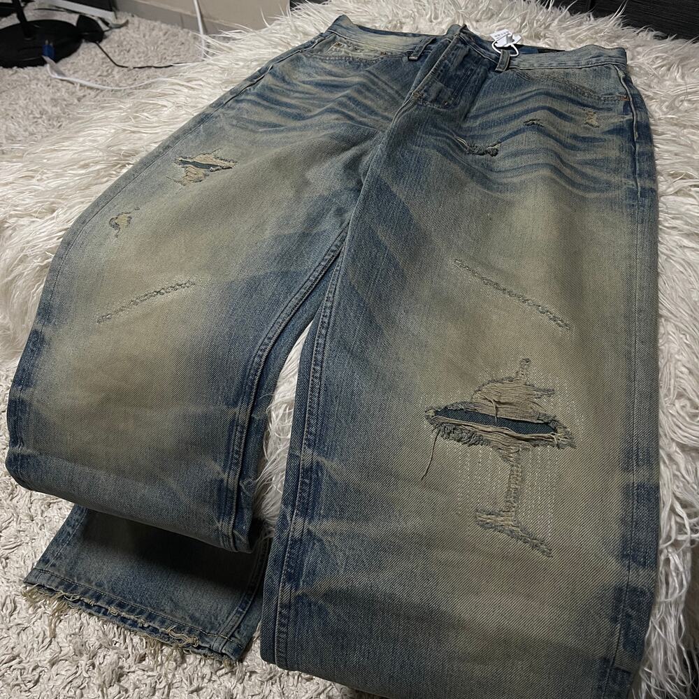 Vintage Faded Wash Distressed Ripped Wide-leg Baggy Denim Jeans Pants Blue sz 31 - Picture 5 of 16